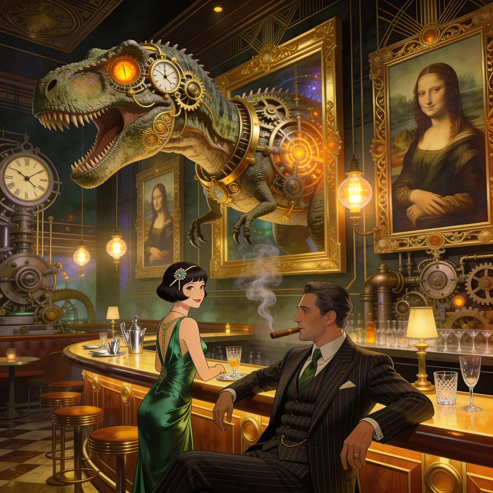 1920s Speakeasy Couple with Steampunk Dinosaurs