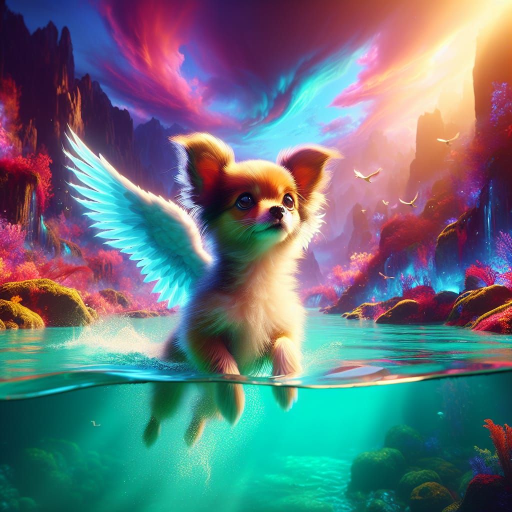 Winged Dog in Turquoise Pool: High-Definition Digital Art
