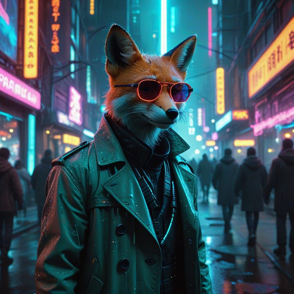 Cyberpunk Fox Navigates Bioluminescent Market Street
