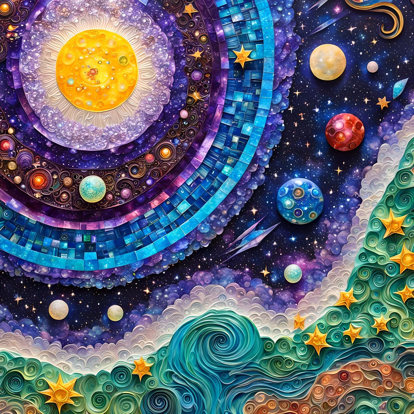 Bejeweled Galactic Oasis: Intricate Paper-Crafted Masterpiec...
