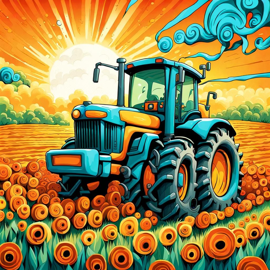 Animated Combine Harvester Character in Psychedelic Pop Art