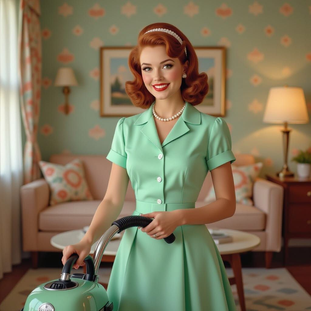 Redhead Tradwife Vacuuming in Atomic Era Living Room