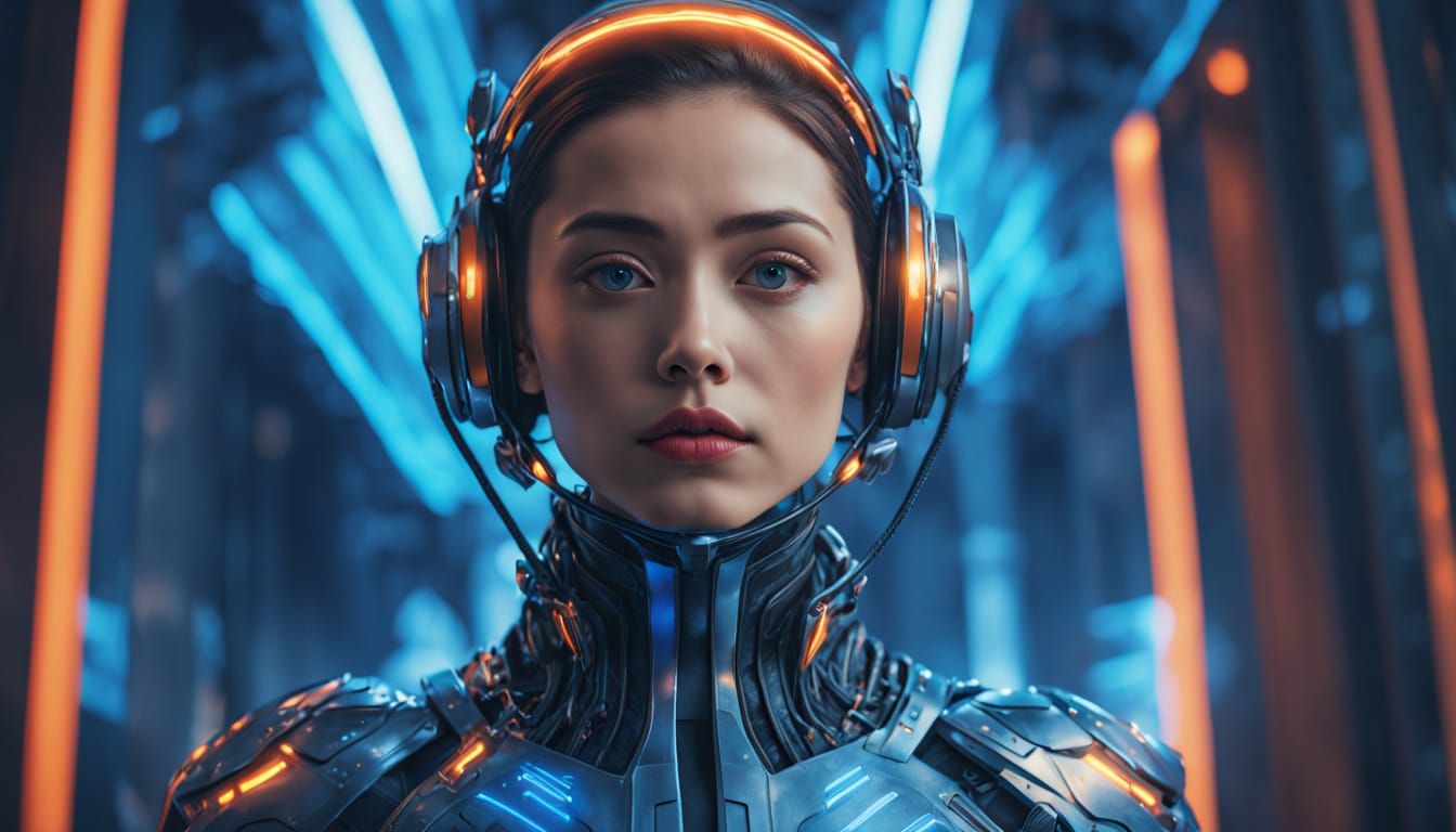 Futuristic Hero Stands Tall in a Vibrant, Hyperrealistic Sce...