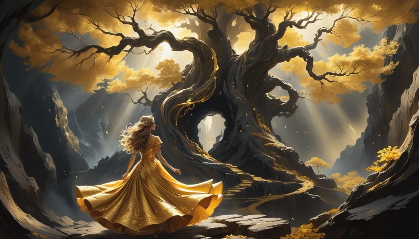 Golden Girl at Ancient Tree in Cave