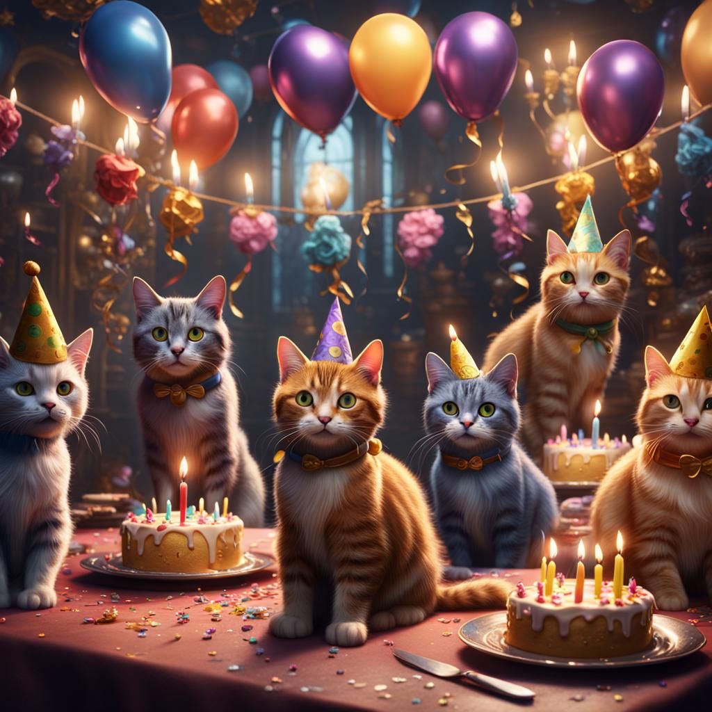 Fantastical Cat Birthday Party in Detailed Matte Painting