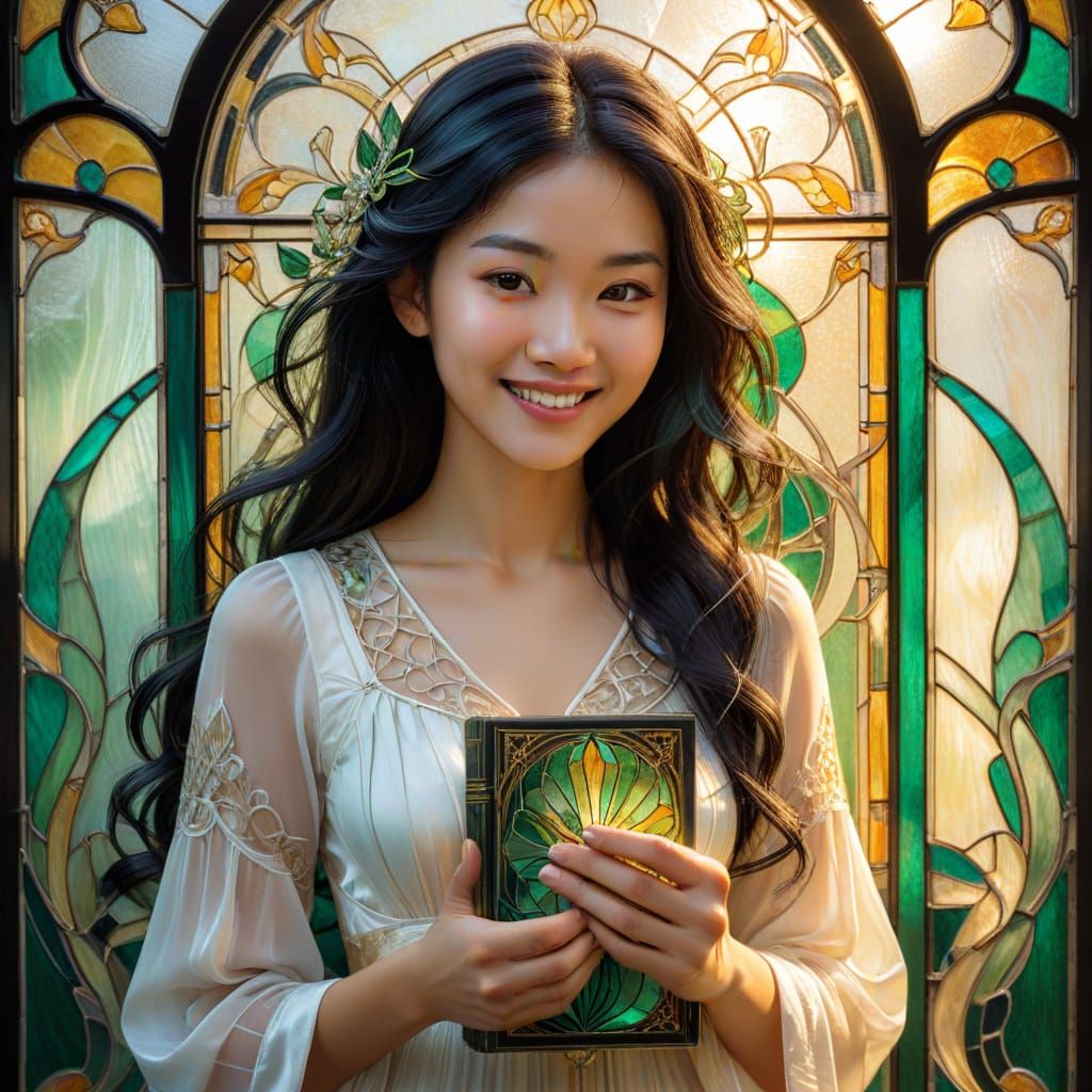 Art Nouveau Stained Glass Portrait of Asian Woman
