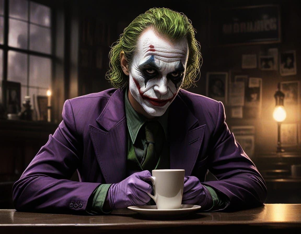 Gothic Joker Portrait in Dark Gotham City Cafe