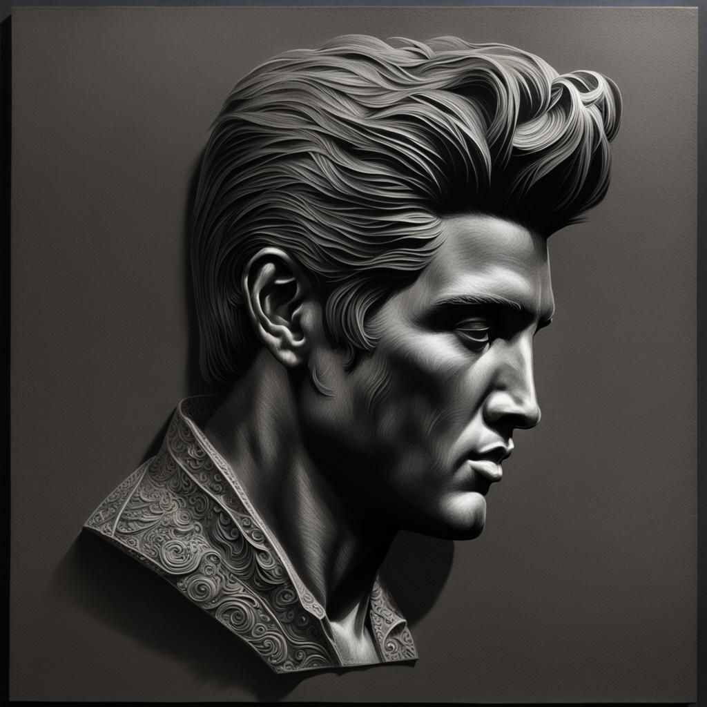 Elvis Presley Sculpture: Monochromatic Charcoal Drawing