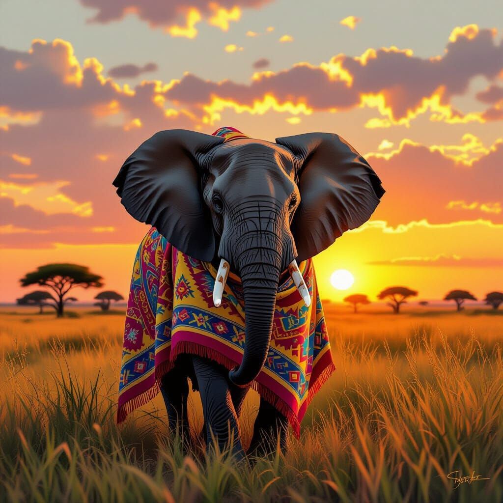 Elephant in Indian Tapestry Blanket at Sunset