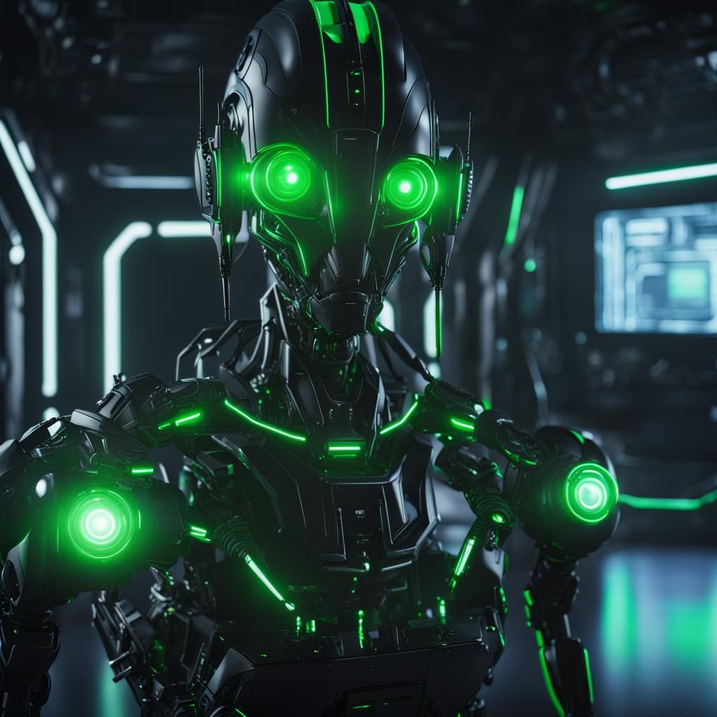 Futuristic Neon Robot Researching on Spaceship