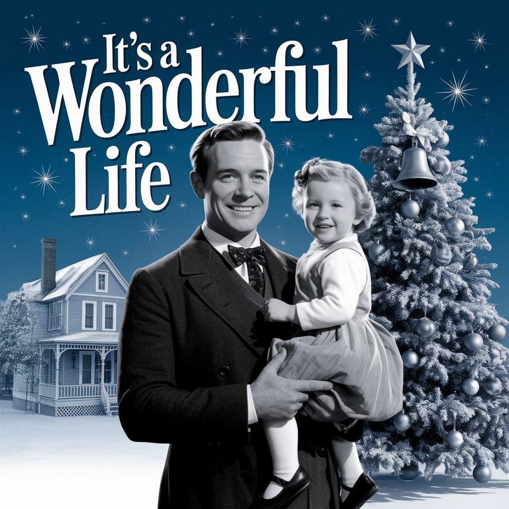 Christmas movie poster. Title "It's a Wonderful Life". B&W Harry Bailey (James Stewart) in his old Victorian smiling and...