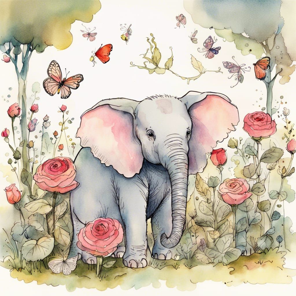 Whimsical Elephant and Butterfly in Rose Garden