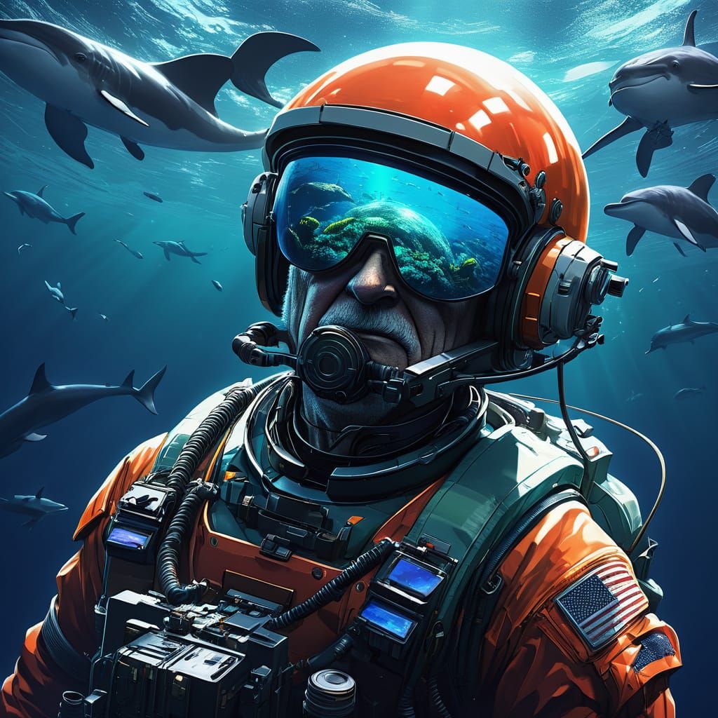 Astronaut Surrounded by Sea Life in Deep Ocean
