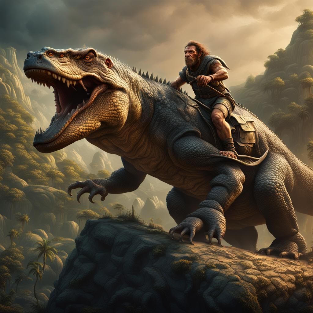 Neanderthal Lizard Rider in Detailed Matte Painting