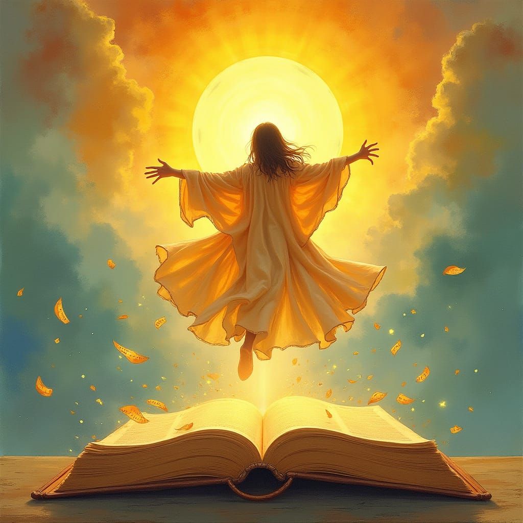 Ethereal Flight Towards Golden Sunrise with Open Book