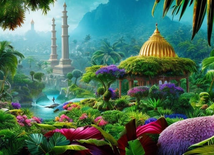 Tropical Eden Landscape with Temple, Digital Matte Painting