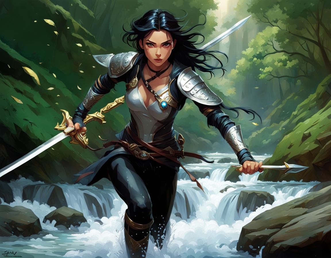 Fantasy Girl with Sword in Enchanting Forest