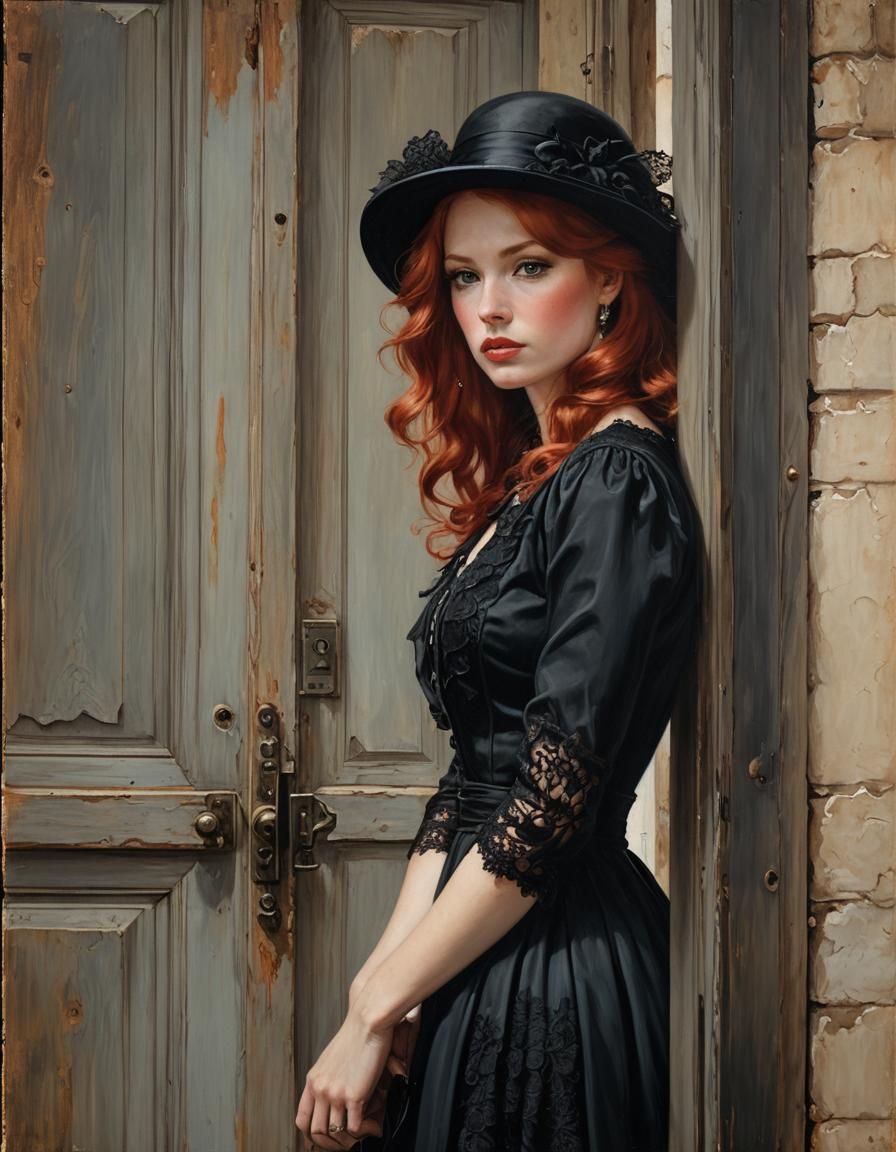 Red-Haired Woman in Black: An Oil Painting