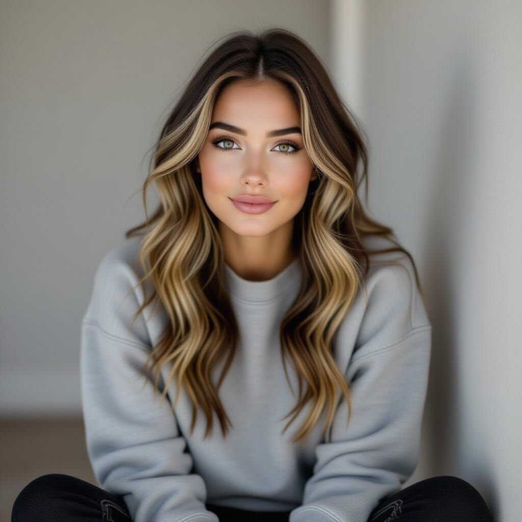 Young Woman with Dark Brown Hair and Blonde Highlights