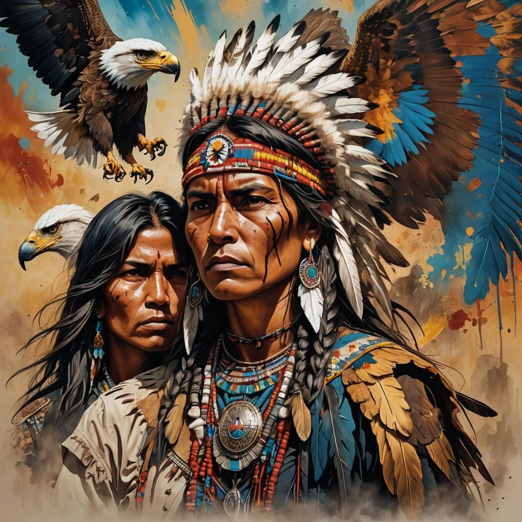 Apache Woman and Eagle Portrait in Hyperrealism