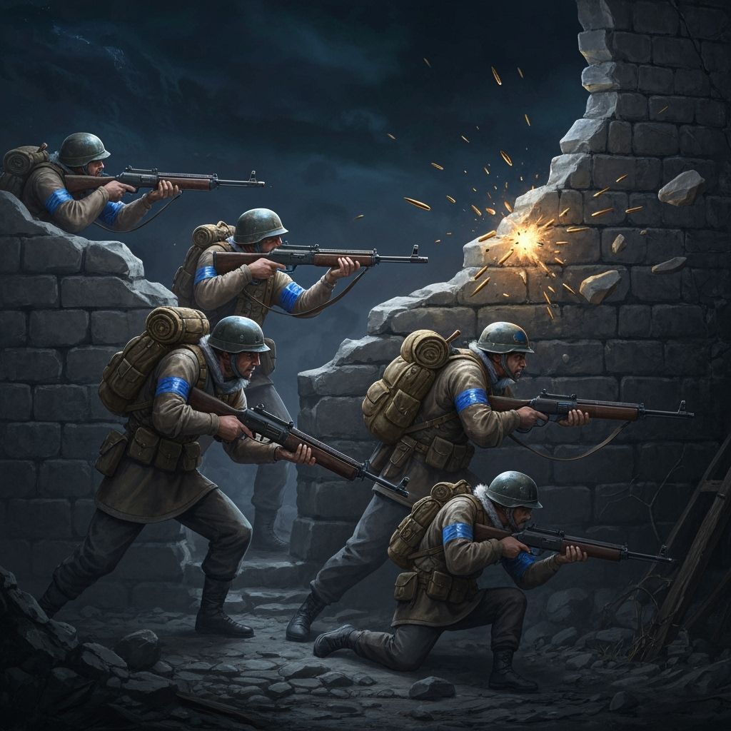 Soldiers Defend Broken Wall in Night Battle