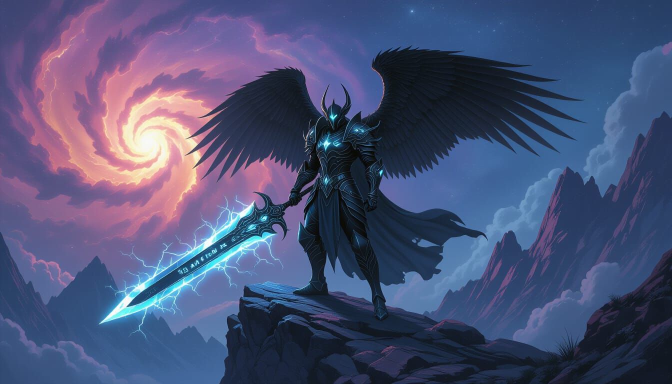 Fallen Angel Warrior on Mountain Peak in Nebula