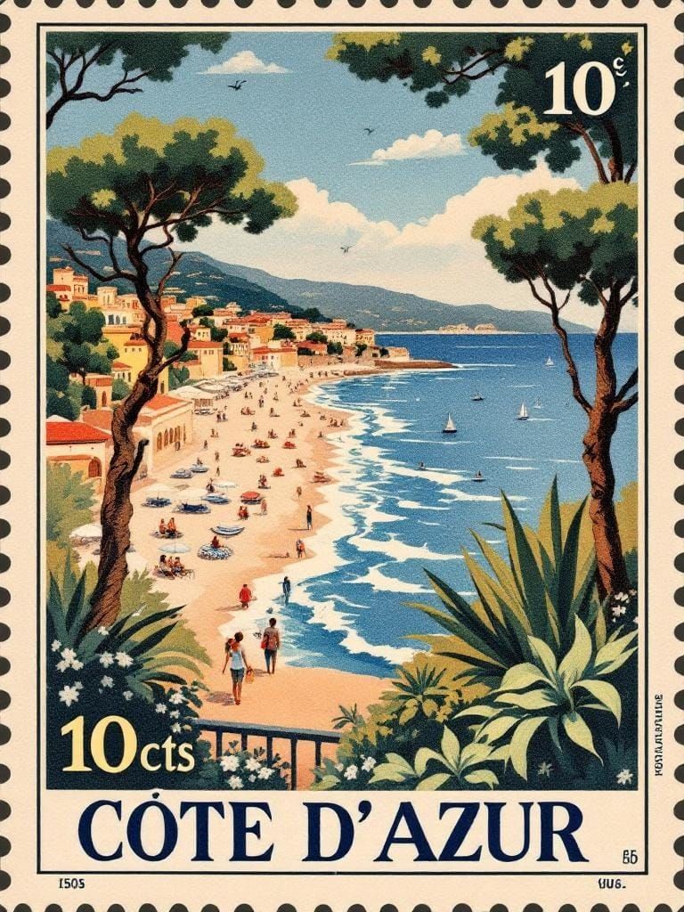 Vintage Postage Stamp of Côte d’Azur, 1950s