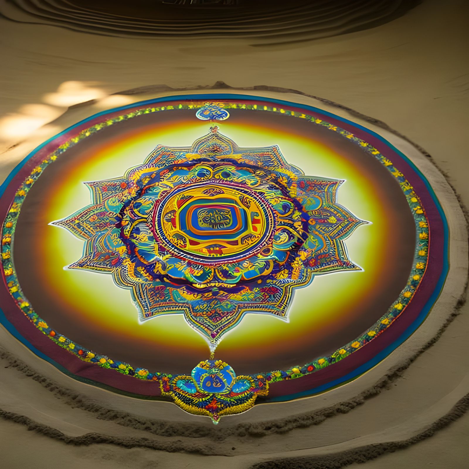 Cinematic Tibetan Sand Mandala on Stone Floor