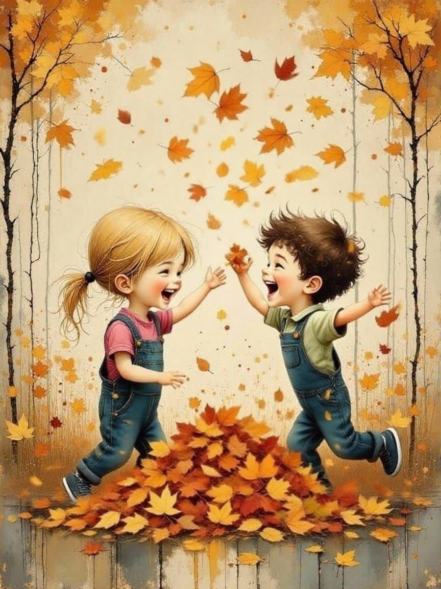 Children Playing in Autumn Leaves Oil Painting
