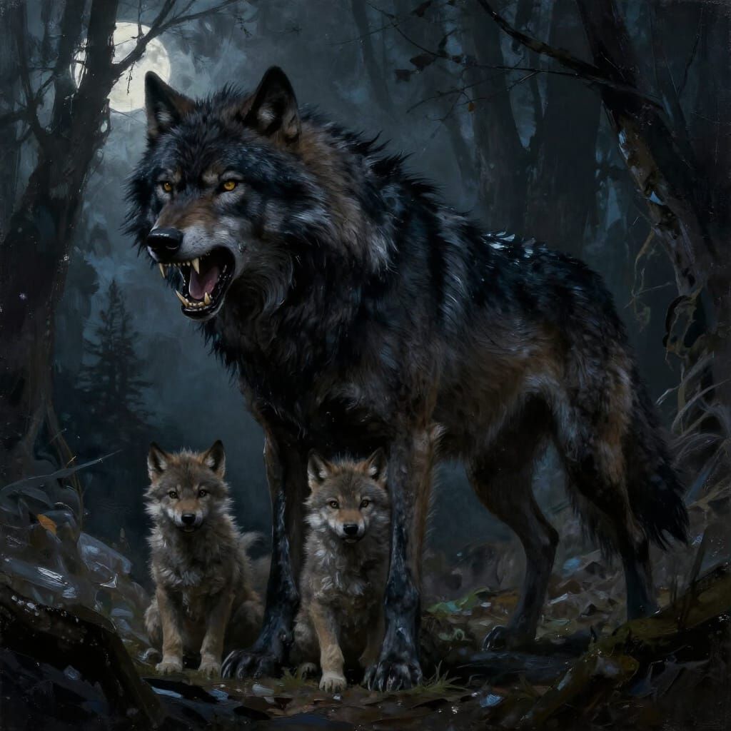 Mother Wolf Protects Cubs in Dark Fantasy Forest