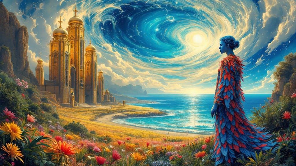 Visionary Figure in Dreamlike Landscape with Vibrant Flora a...