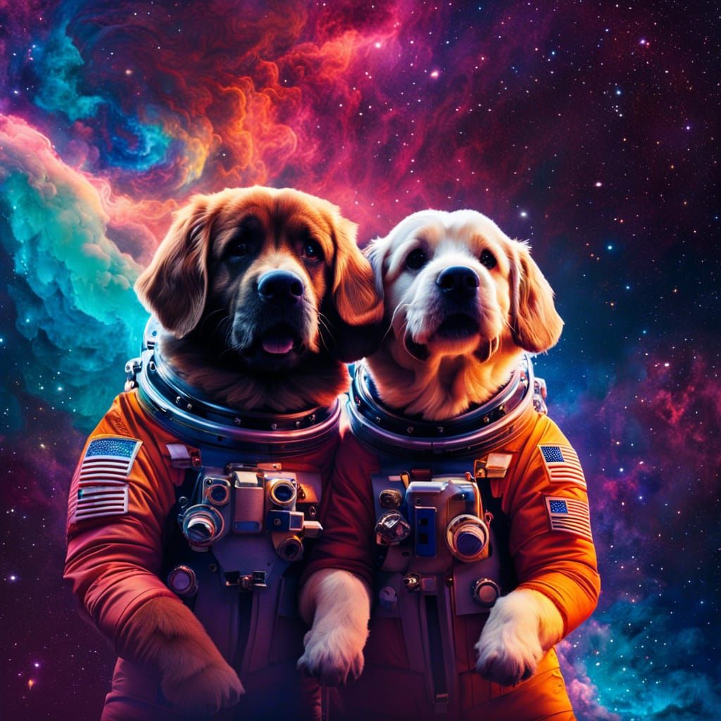 Astronauts Holding Hands in Colorful Space Photography