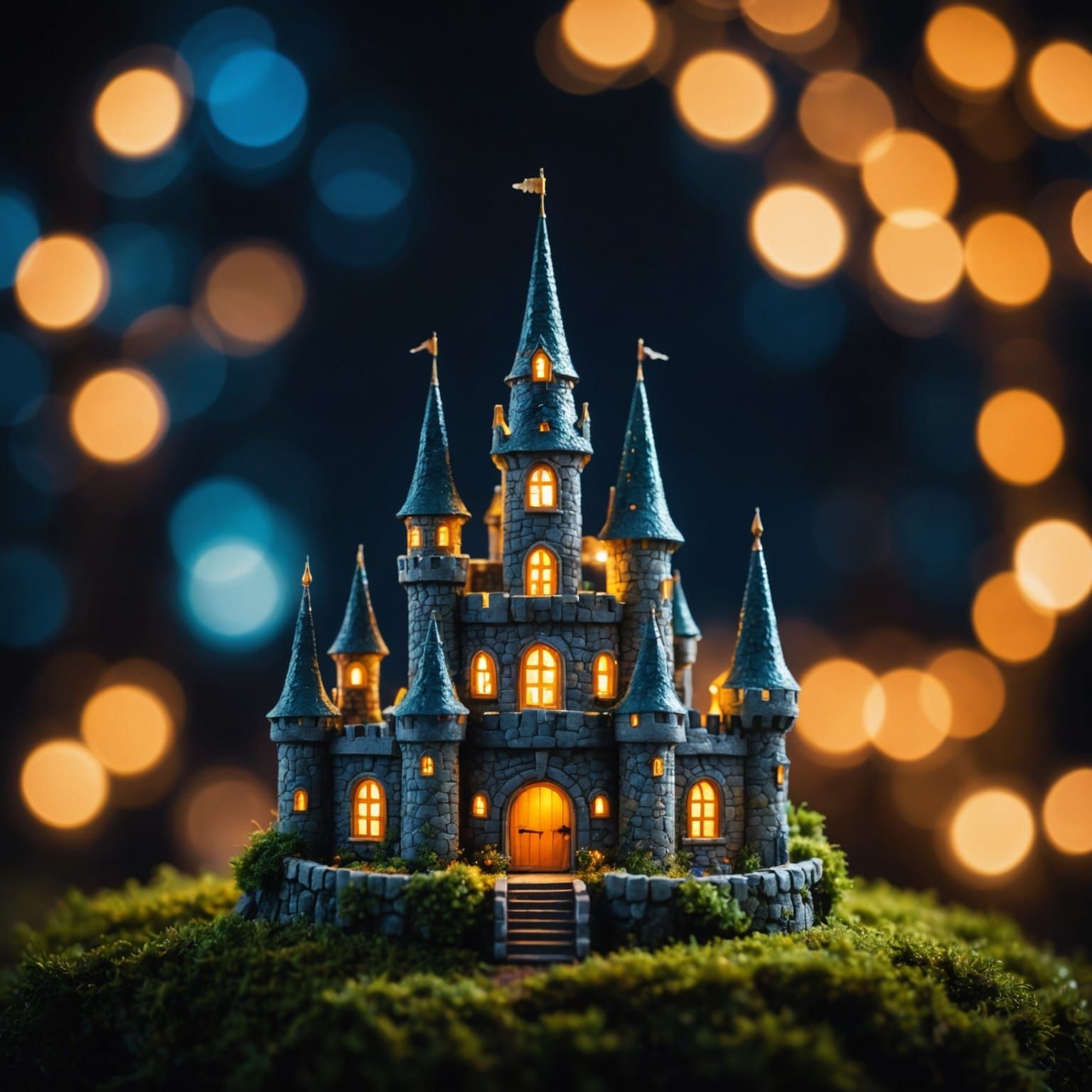 Miniature Fairy Castle at Night with Bokeh