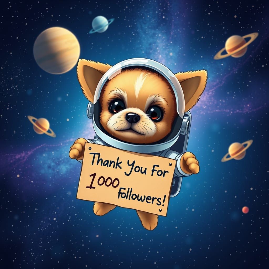 Dog Astronaut Thanks Followers in Starry Galaxy