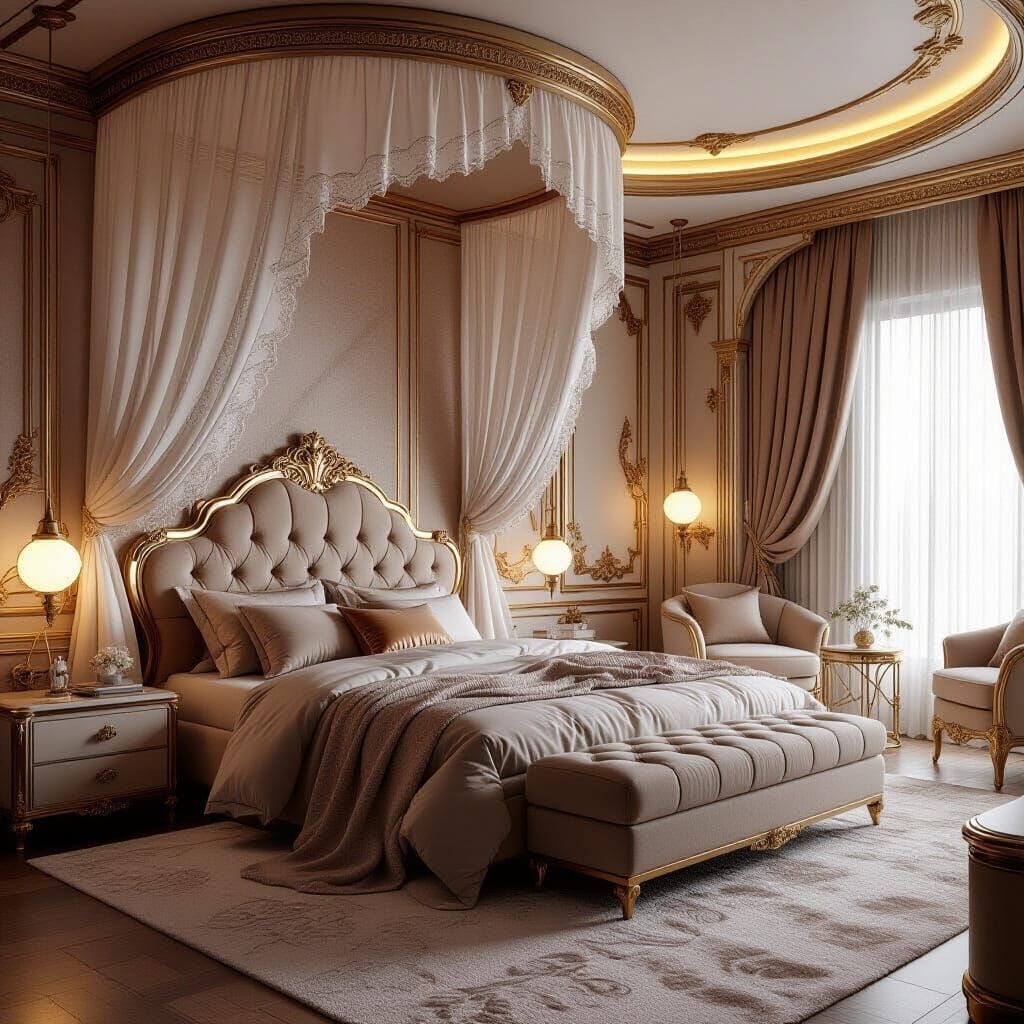 Luxurious Bedroom in 3D with Golden Lighting