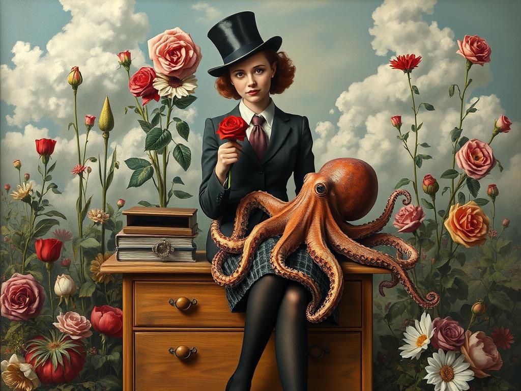 Woman with Octopus in Surreal Floral Garden