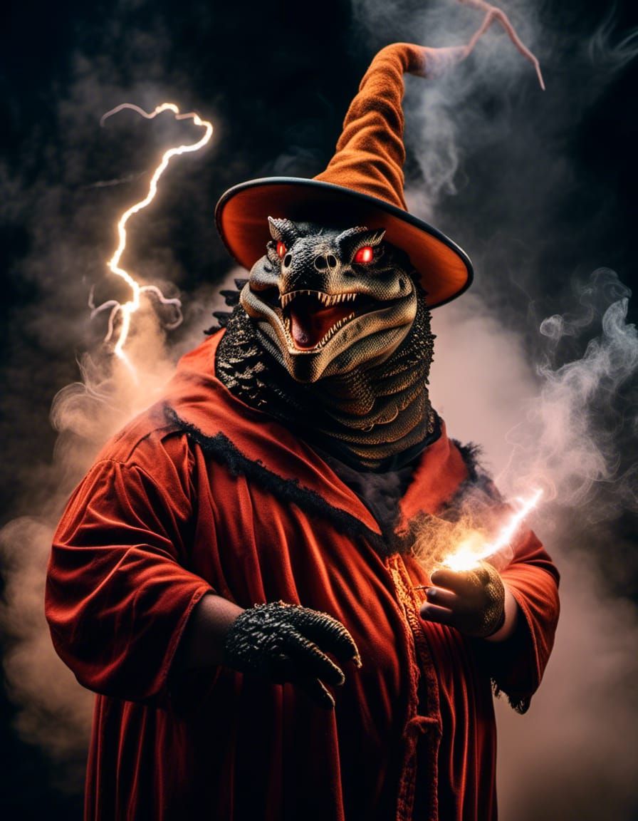 Dragon Wizard Portrait with Lightning in Darkness