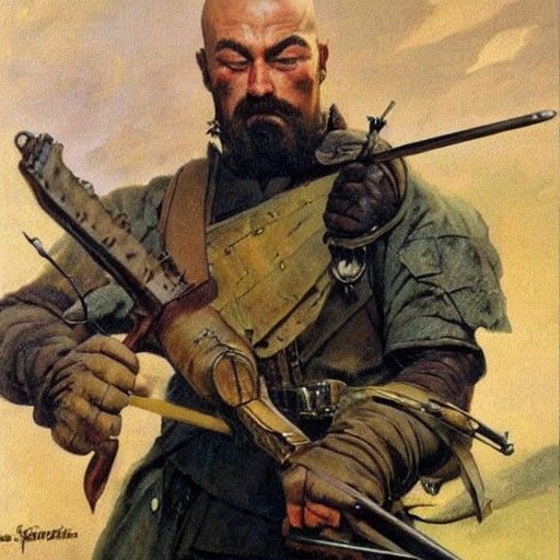 Bald Fantasy Soldier with Crossbow, Frazetta Style