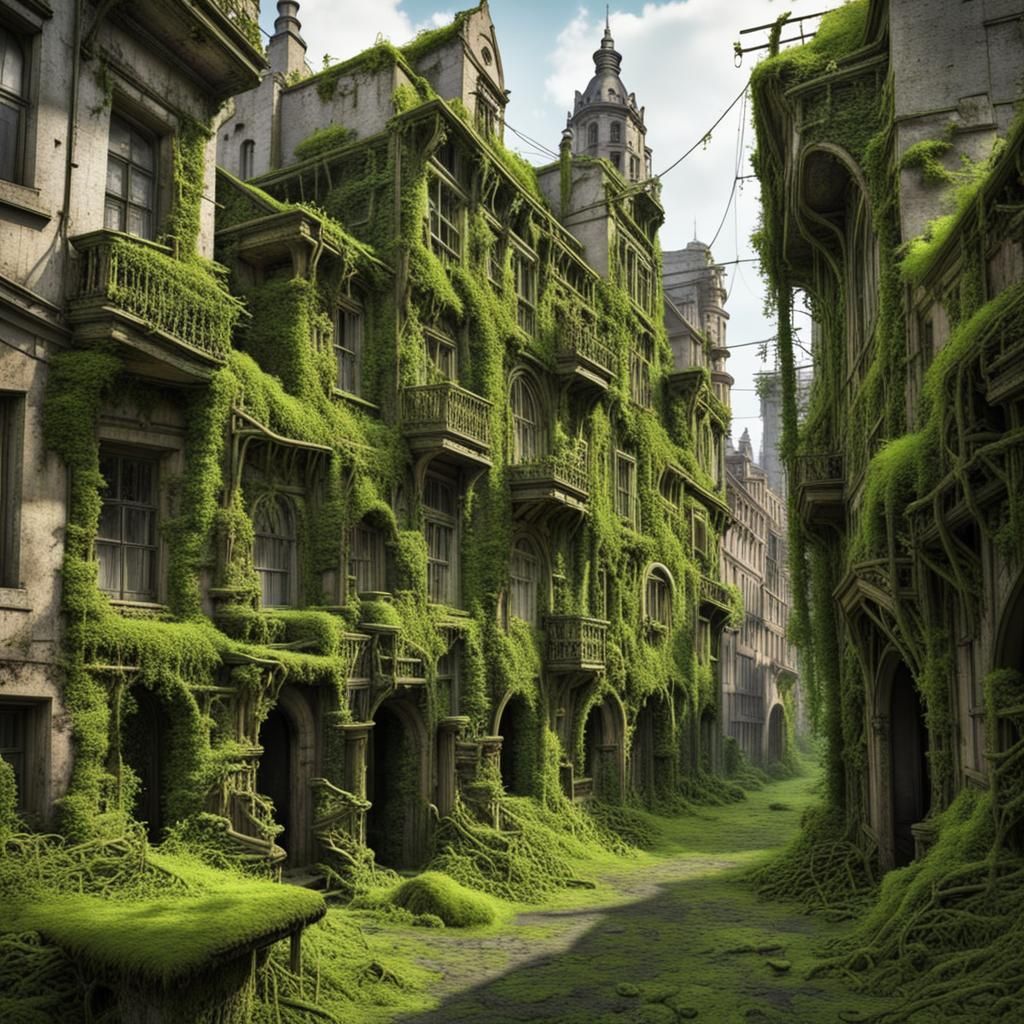 Overgrown city covered in vines and moss