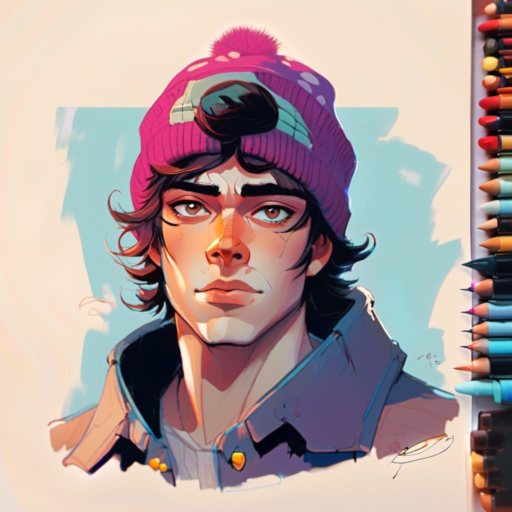 Man in Beanie: Vintage Anime Minimalist Illustration