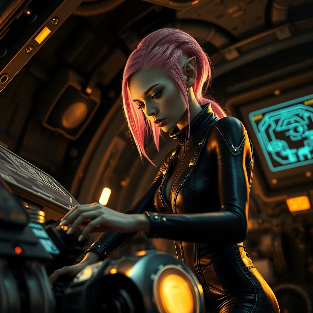 Sleek Alien Spaceship Repair in a Moody, Golden Glow