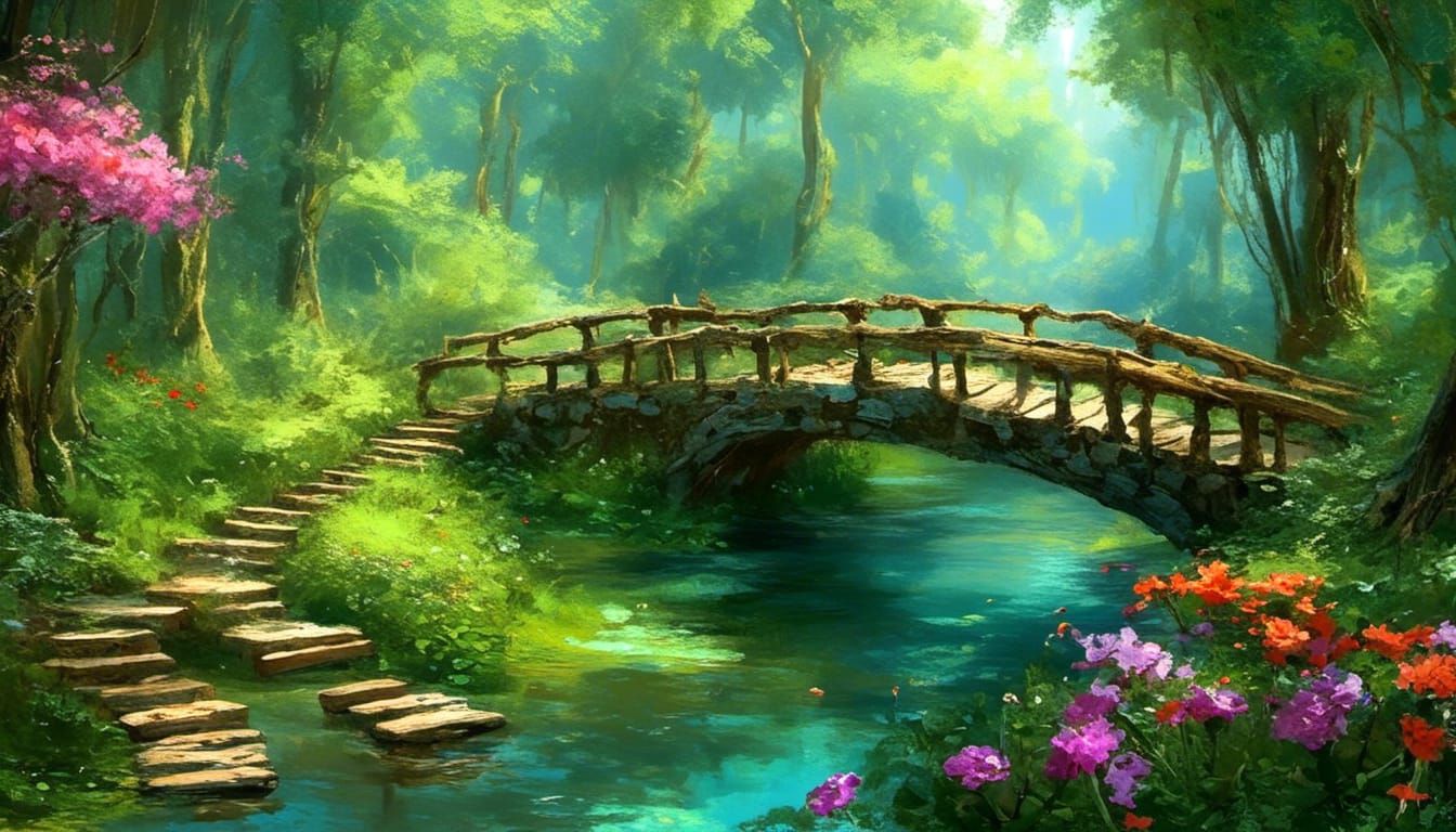 Enchanted Forest Landscape with River and Bridge