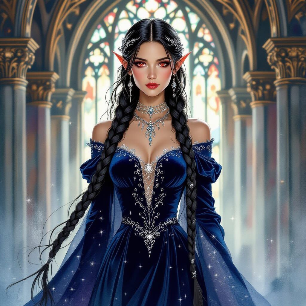 Elf Maiden in Gothic Hall with Constellation Gown