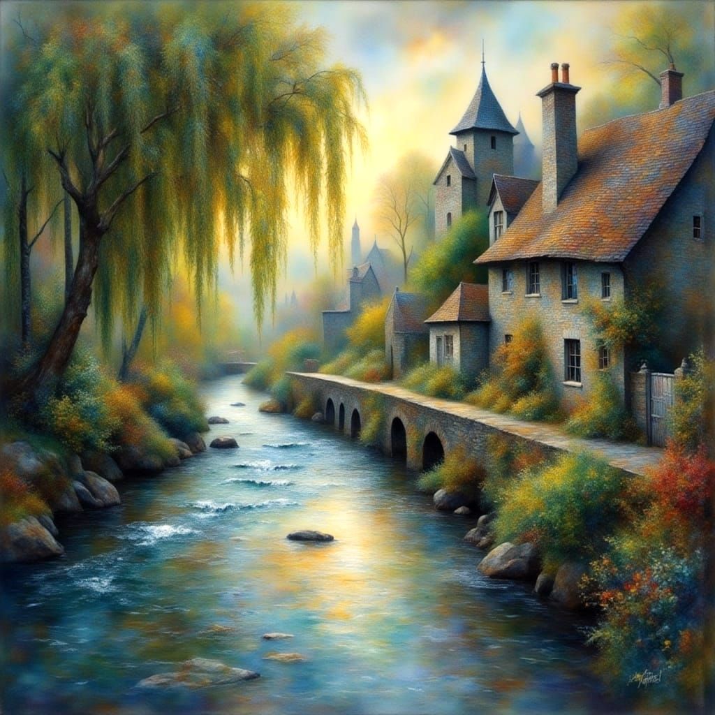 Surreal Landscape with Weeping Willows and River Cottage in ...