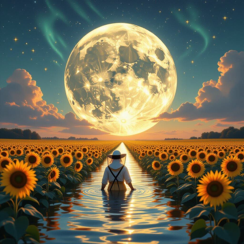 Surreal Moon Rupture over Sunflower Field