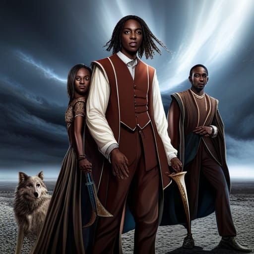 African Mages With Wolfhound in Desert Landscape