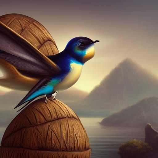 Swallow Gripping Coconut: Detailed Matte Painting