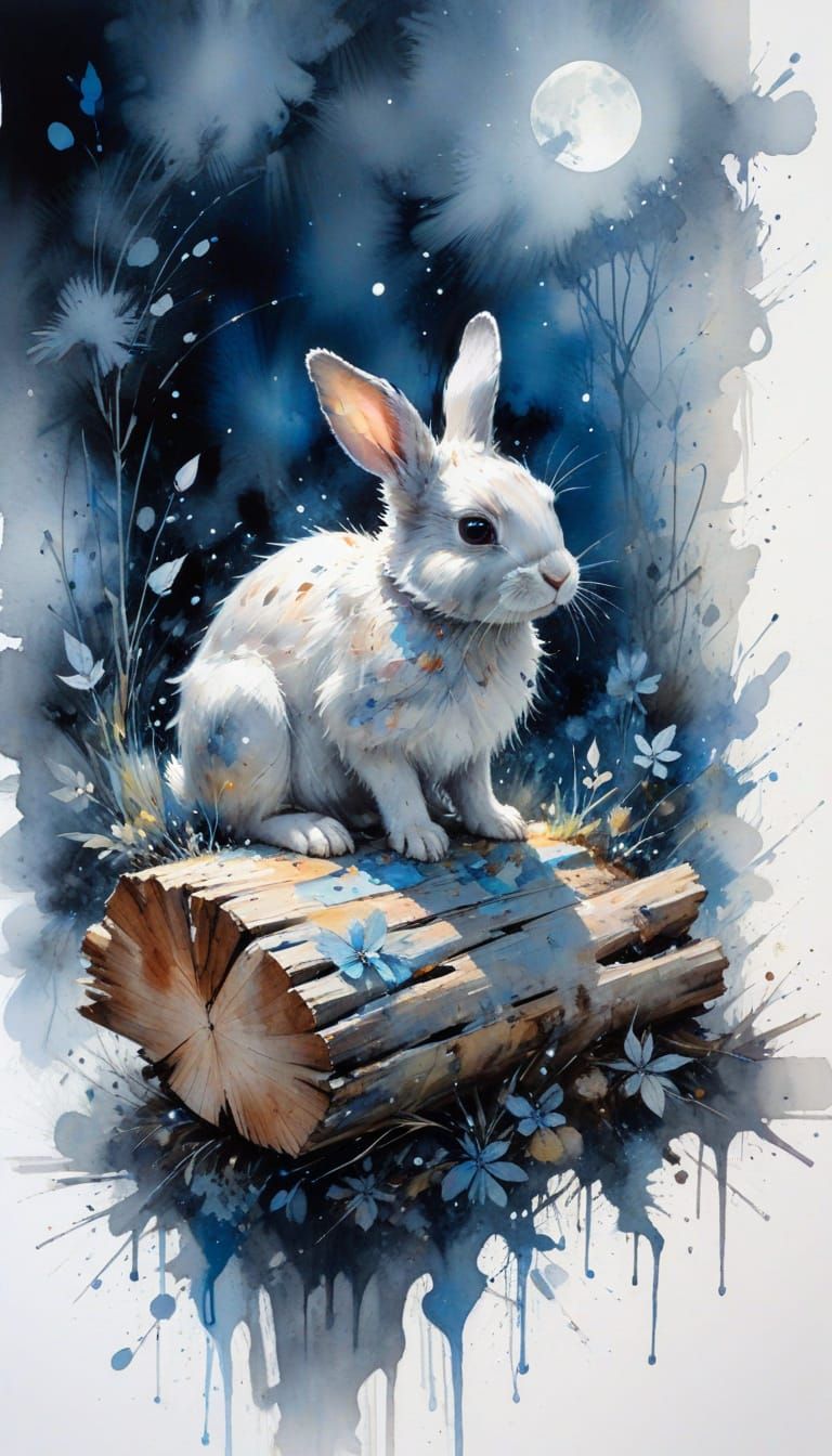 Bunny in Moonlight: Watercolour and Gouache