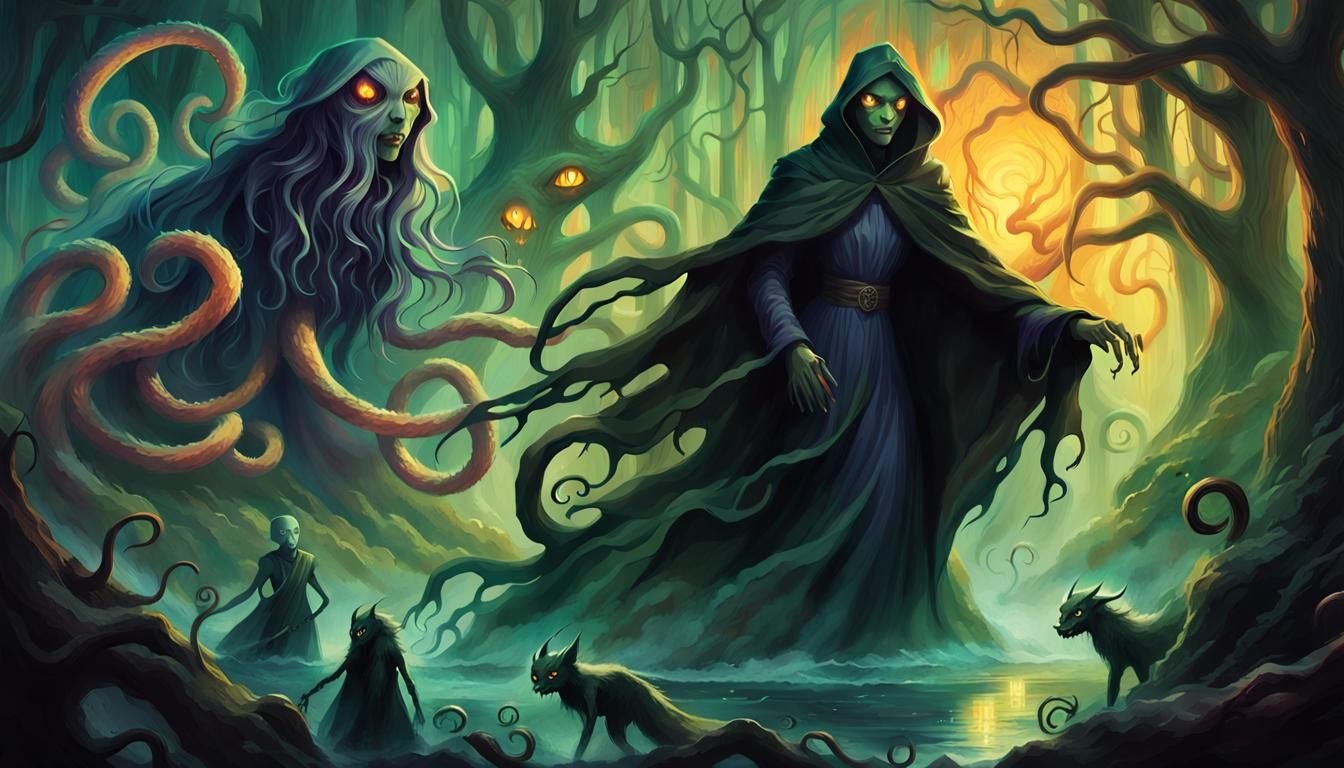 Eerie Surreal Artwork: Witch and Phantom in Dark Sky