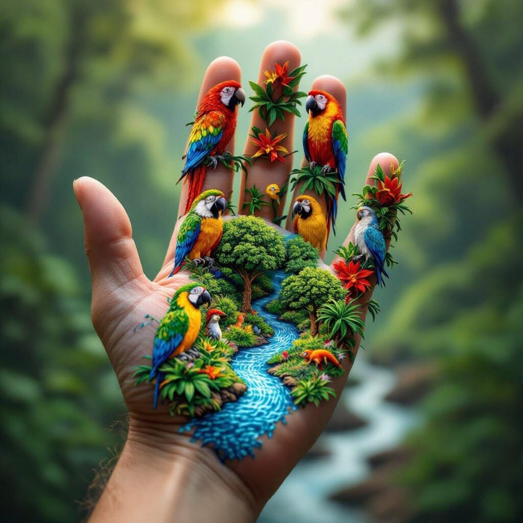 Vibrant Jungle Scene on Hand Woven with Colorful Threads